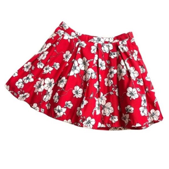 Forever 21 Pleated Circle Skirt Hibiscus Print Red Flawed 25 - Picture 2 of 8